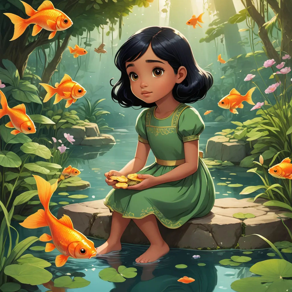 a little girl sitting on a rock in a pond with goldfish in the background and a goldfish in the foreground, fantasy art, a storybook illustration, Cliff Childs, kinkade