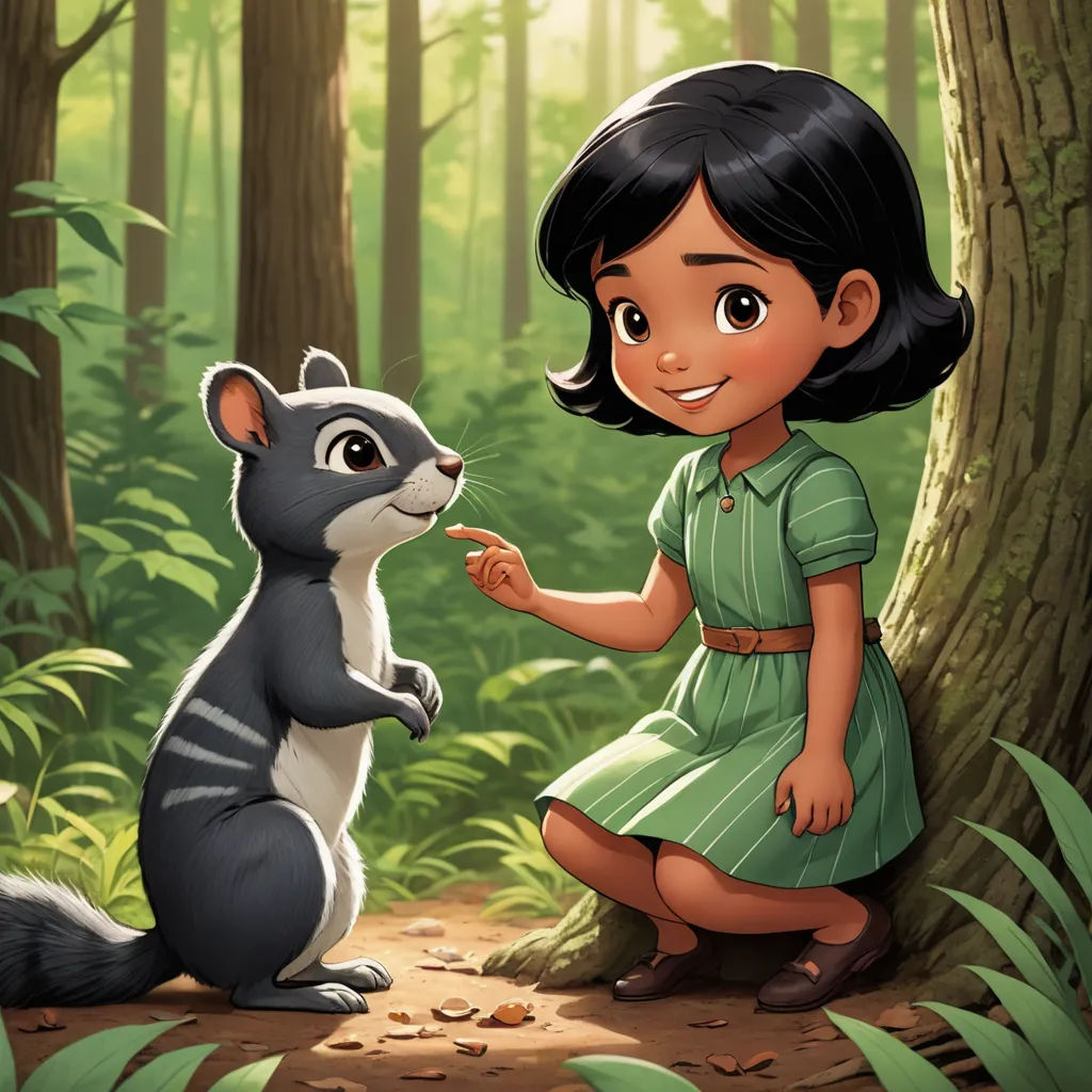 a girl in a green dress is petting a raccoon in the forest with a forest background, furry art, a storybook illustration, Chippy, official art