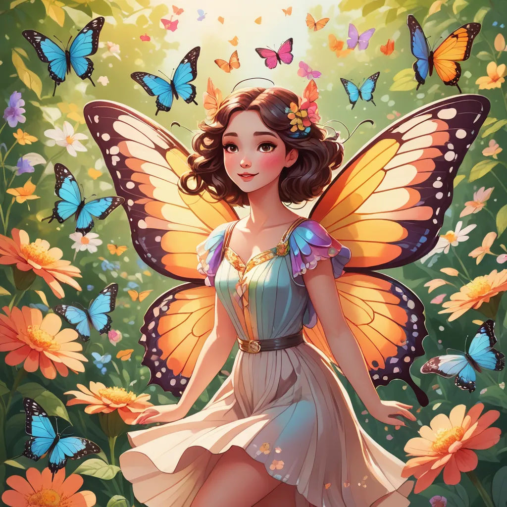 a beautiful fairy with butterflies on her wings and a dress on her body, standing in a field of flowers, fantasy art, a storybook illustration, Artgerm, rossdraws global illumination