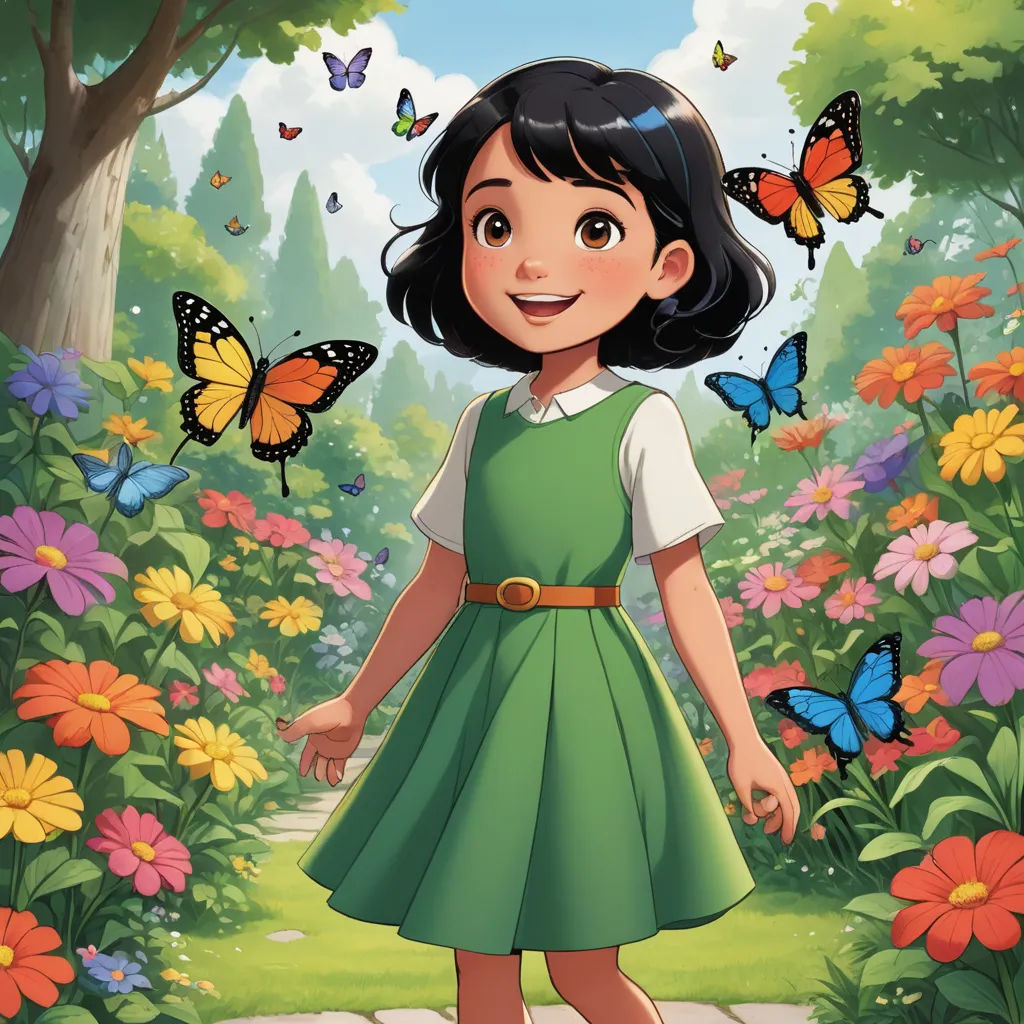 a girl in a green dress standing in a garden with butterflies flying around her and a path leading to a butterfly - filled forest, magical realism, a storybook illustration, Alice Prin, official art