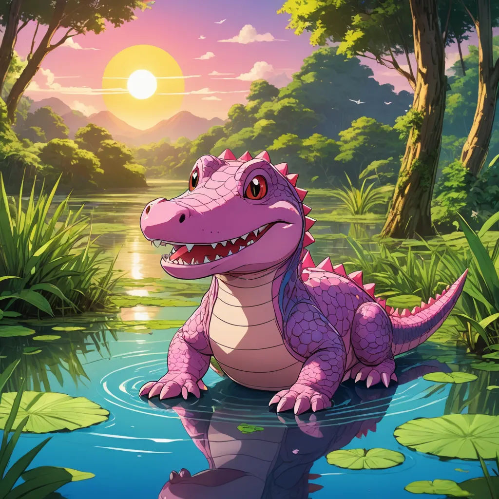 a cartoon alligator sitting in a pond with lily pads and a sunset in the background with trees and bushes, sots art, a storybook illustration, Chris LaBrooy, rossdraws global illumination