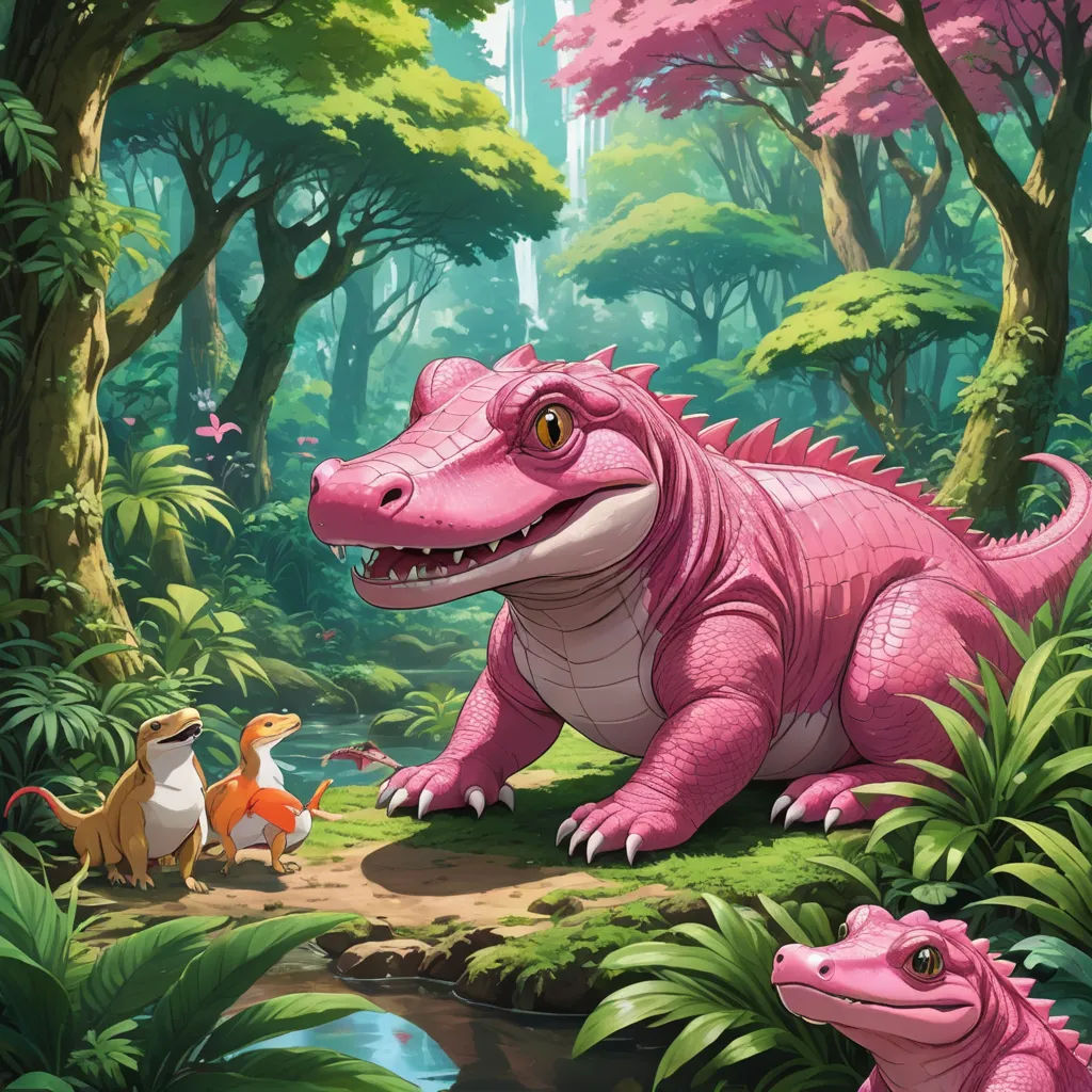 a pink dinosaur and other animals in a jungle setting with trees and bushes around it, and a stream running through the center, lyco art, a storybook illustration, Chris LaBrooy, storybook illustration