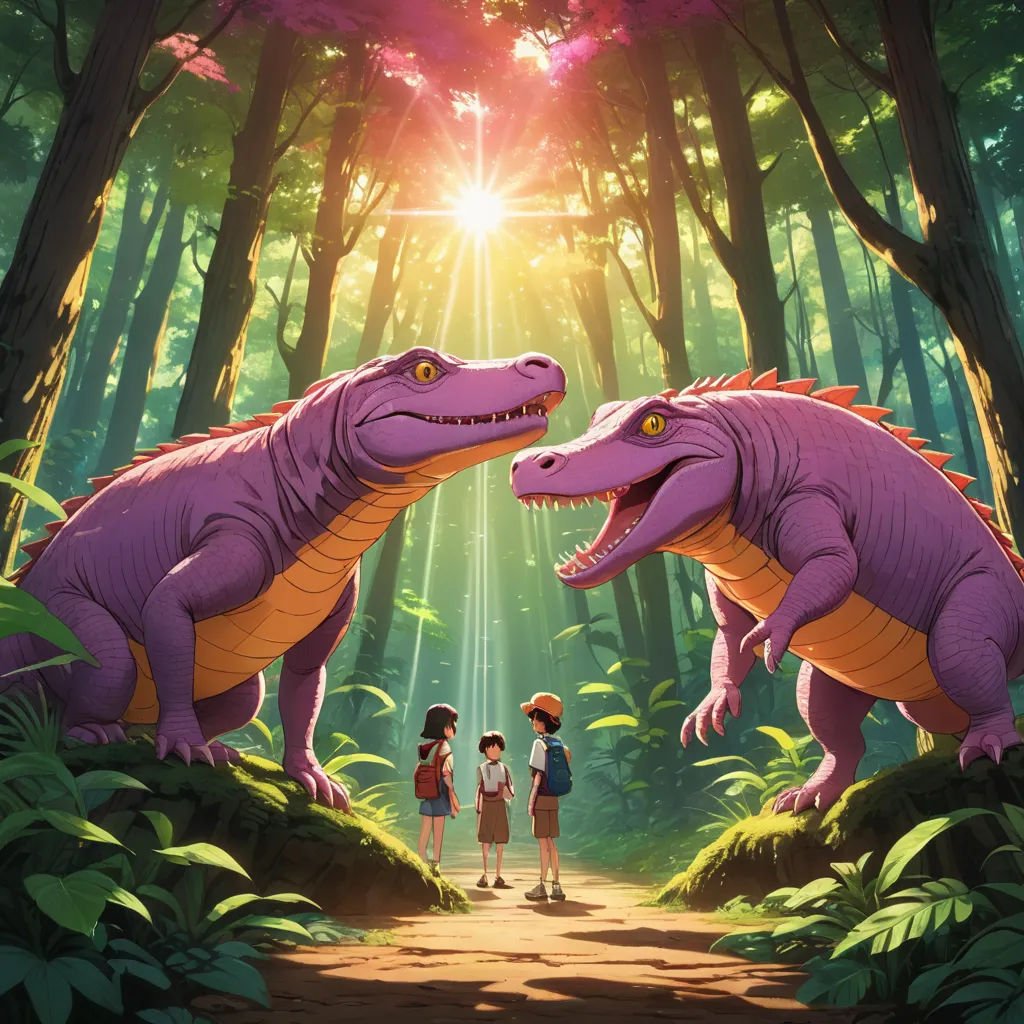a couple of dinosaurs standing in the middle of a forest next to a person standing on a dirt road, sots art, poster art, Adam Rex, official art