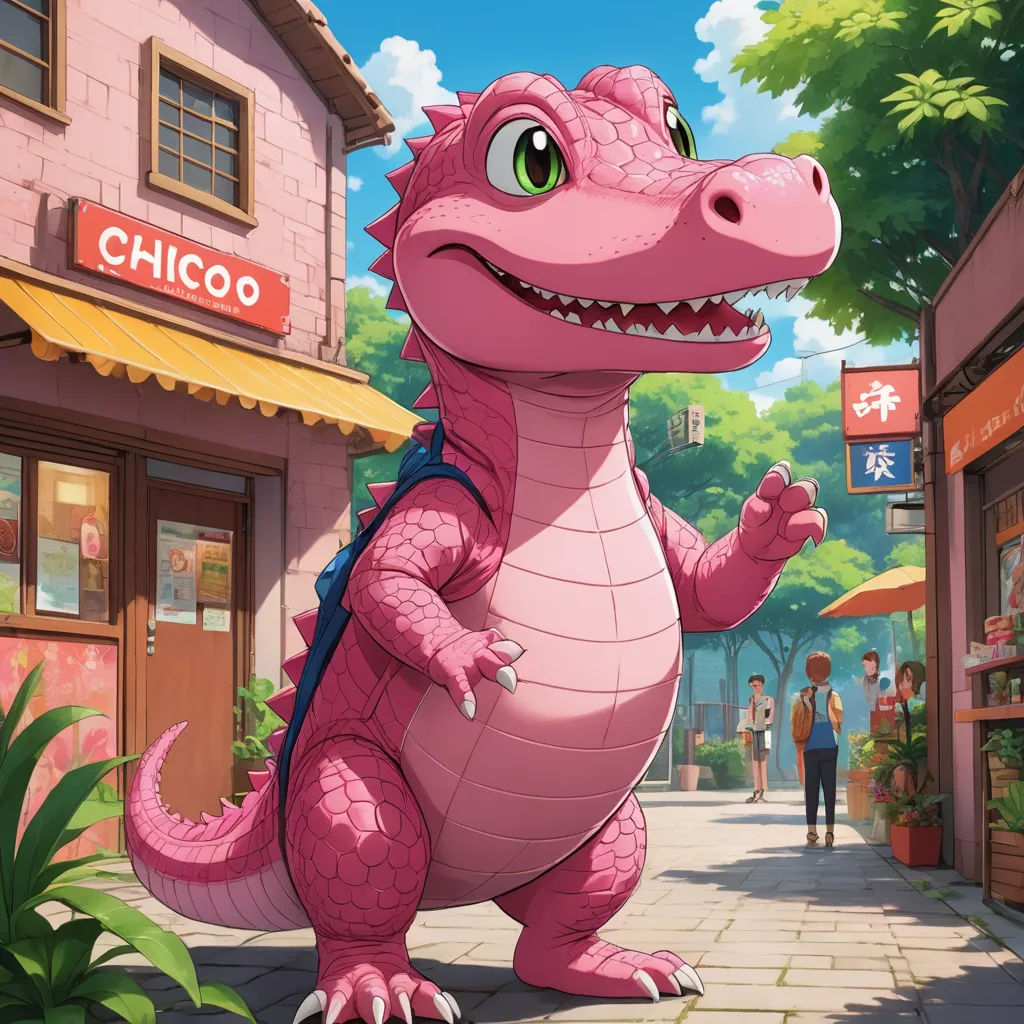 a cartoon character is standing in front of a storefront with a pink dinosaur on it's back, lyco art, a storybook illustration, Chris LaBrooy, official art