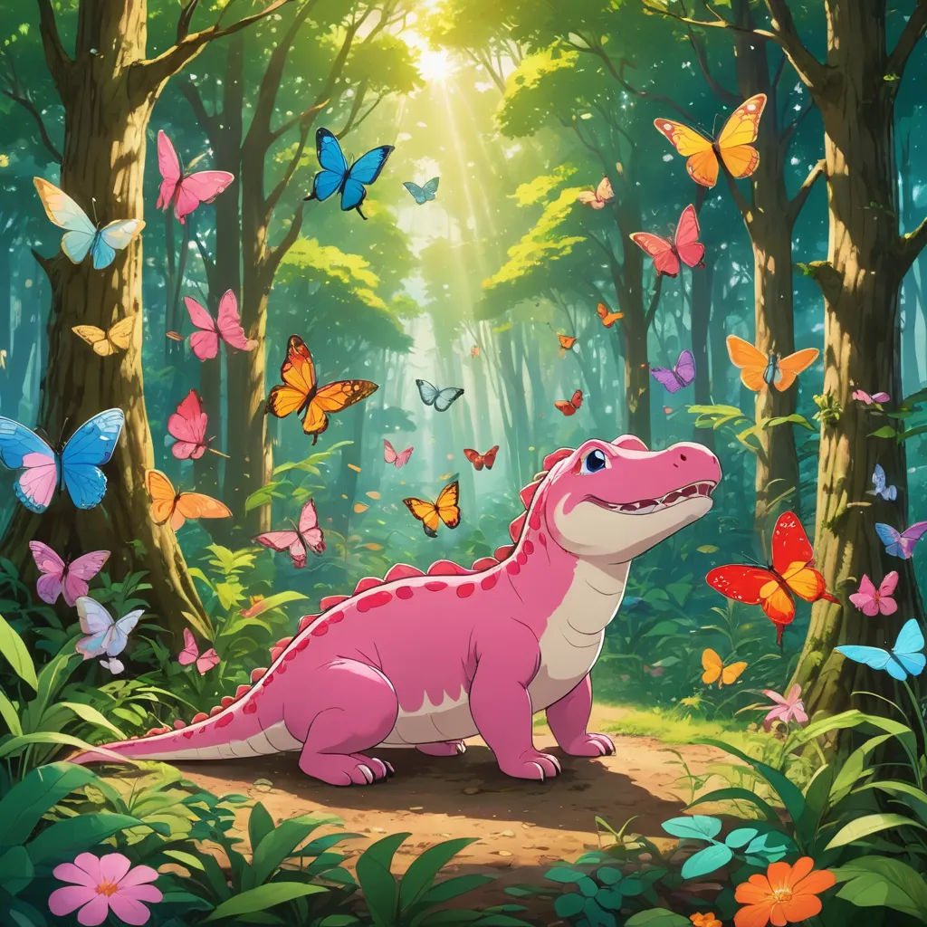 a pink dinosaur in a forest with butterflies flying around it and a butterfly in the background of the picture, lyco art, concept art, Adam Rex, official art