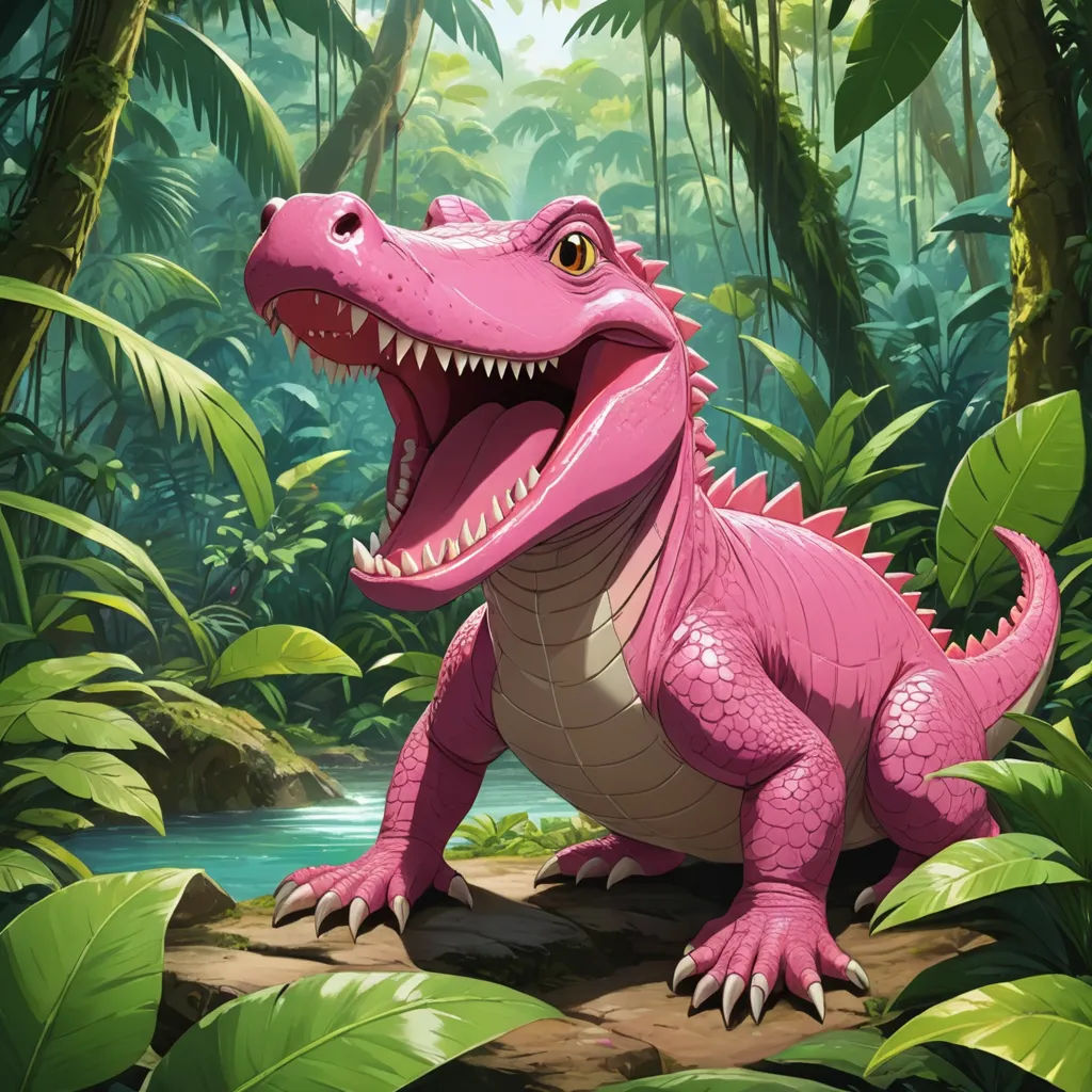 a pink dinosaur in a jungle with a stream of water and trees in the background, with a green leafy area, sots art, a storybook illustration, Chris LaBrooy, magic the gathering artwork