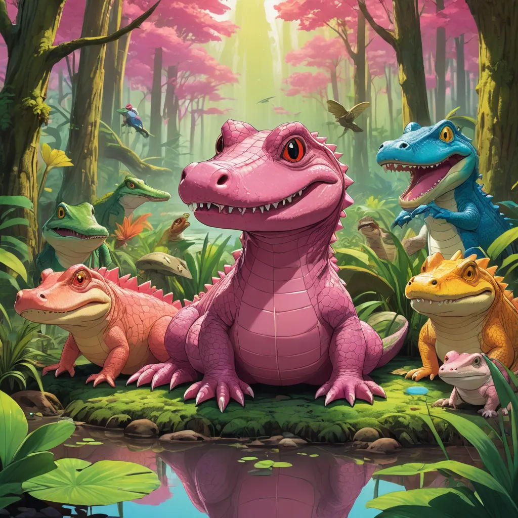 a group of dinosaurs in a forest with a pond of water and a butterfly flying above them, with a background of trees and plants, sots art, a storybook illustration, Chris LaBrooy, rossdraws global illumination