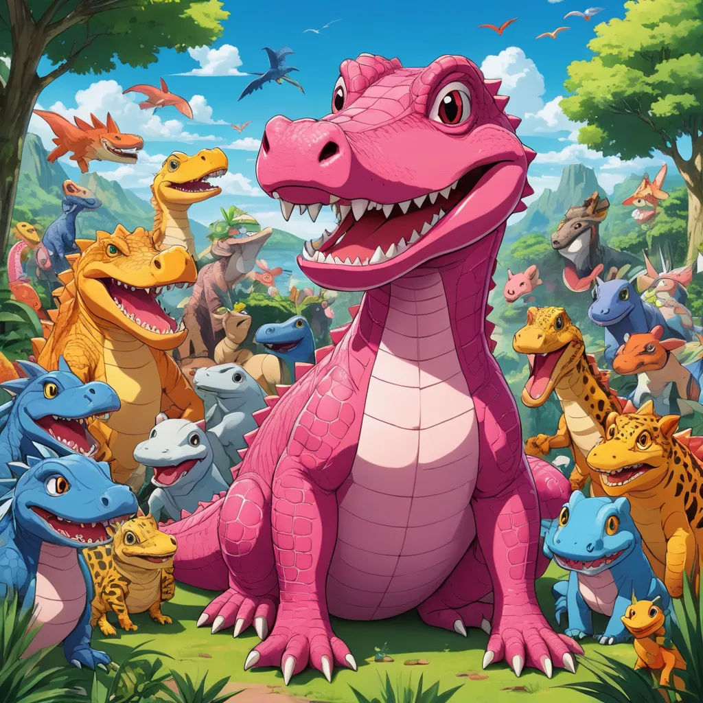 a large group of dinosaurs in a jungle setting with trees and bushes in the background, with a sky background, lyco art, a storybook illustration, Adam Rex, official art