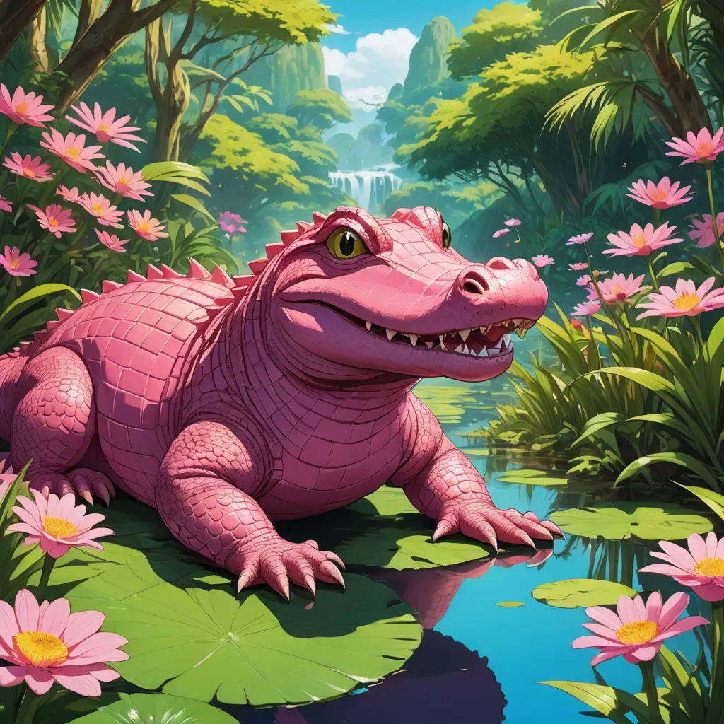 a pink alligator sitting on top of a lily covered pond next to a forest filled with pink flowers and a waterfall, fantasy art, a storybook illustration, Chris LaBrooy, magic the gathering artwork