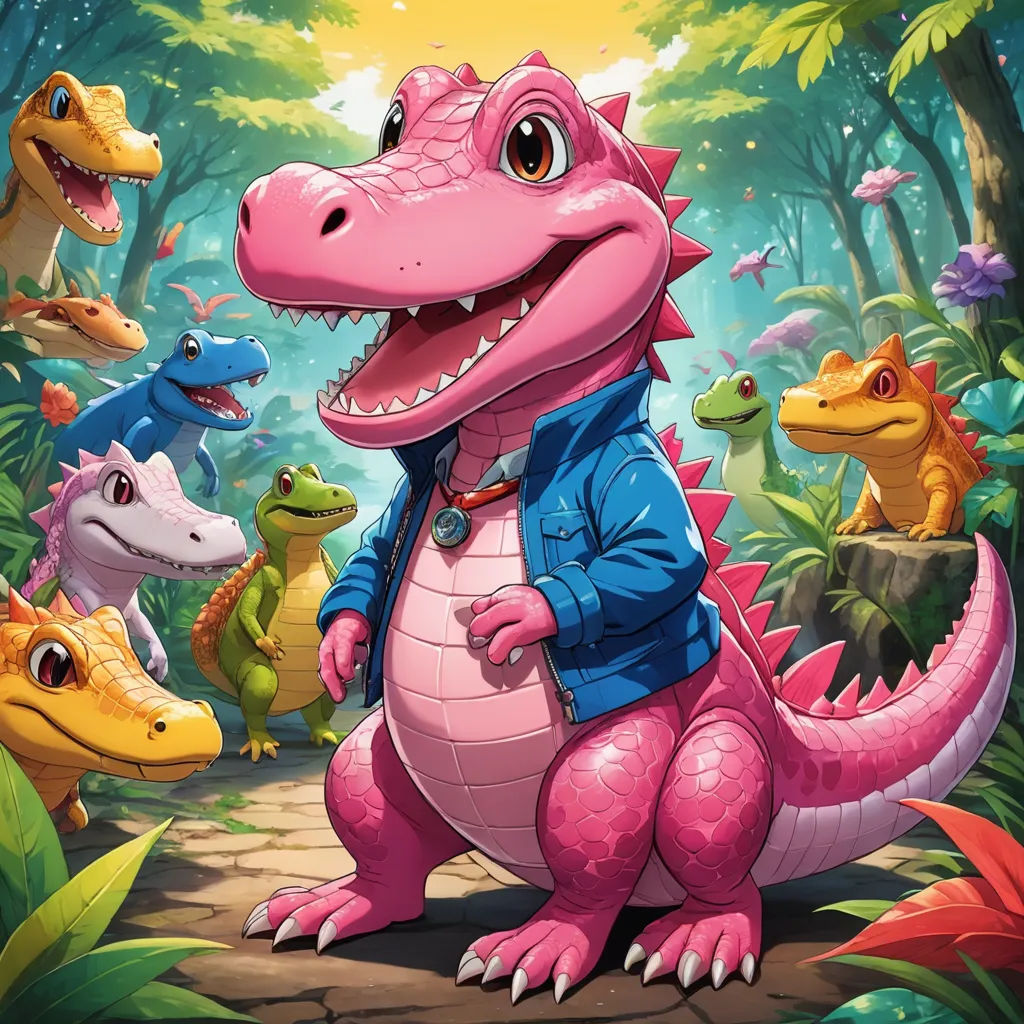 a cartoon dinosaur with a backpack standing in front of a group of dinosaurs in the jungle with a yellow sun in the background, sots art, a character portrait, Chris LaBrooy, official art