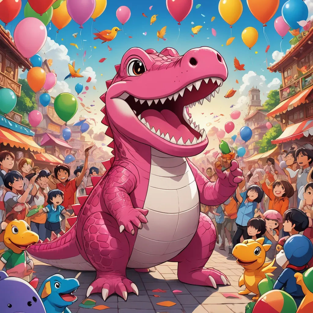 a cartoon dinosaur with balloons and people in the background in a city with balloons and a crowd of people, lyco art, a storybook illustration, Chris LaBrooy, official art
