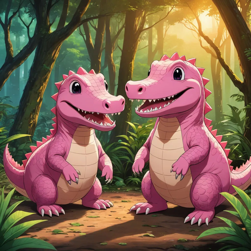 two dinosaurs in the jungle with trees and plants in the background, one is facing the other with its mouth open, sots art, a storybook illustration, Chris LaBrooy, game art
