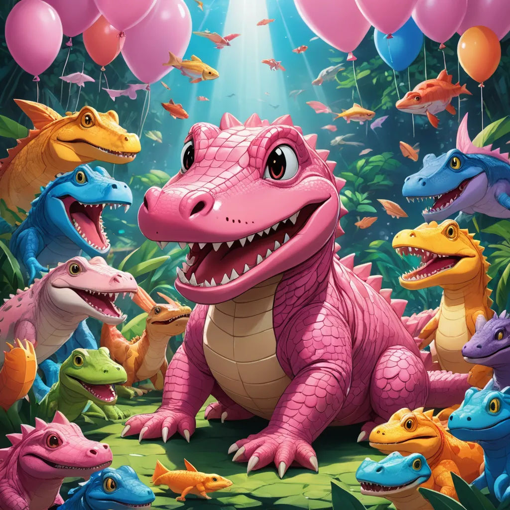 a group of dinosaurs with balloons floating in the air above them and a sky background with a sunbeam, sots art, a storybook illustration, Chris LaBrooy, rossdraws global illumination