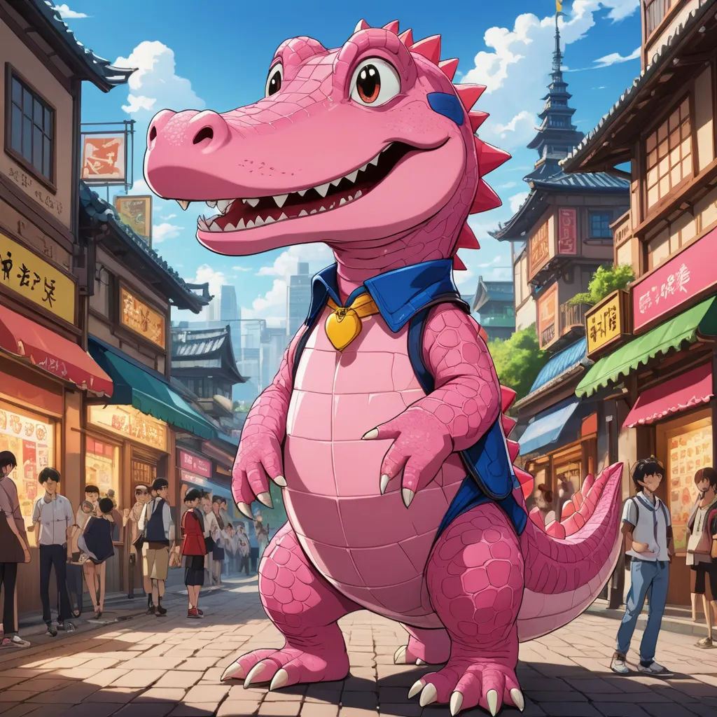 a cartoon character is standing in front of a shopping area with people walking around and a pink dinosaur in the foreground, furry art, a character portrait, Chris LaBrooy, official art