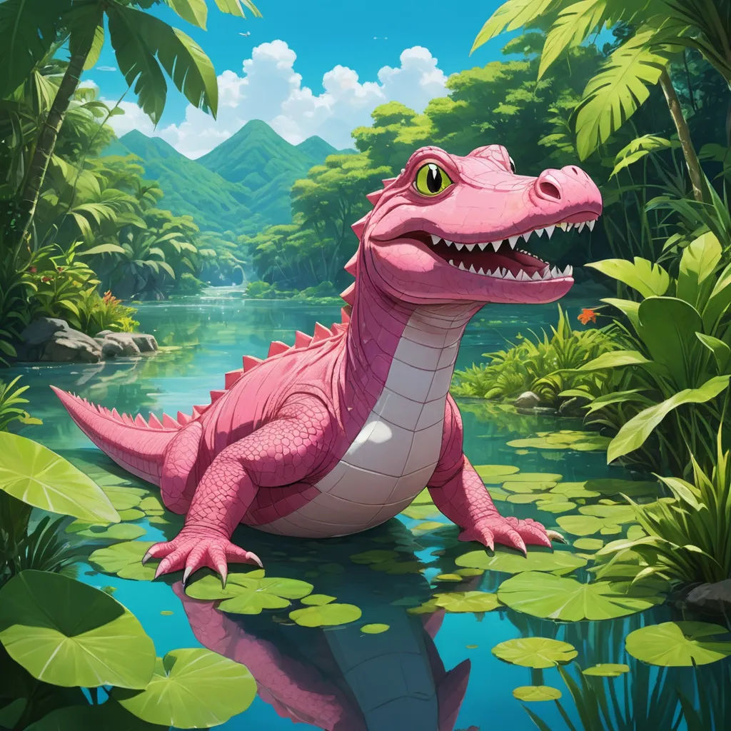 a pink dinosaur sitting in a pond of water with lily pads and a mountain in the background with clouds, sots art, a storybook illustration, Chris LaBrooy, magic the gathering artwork