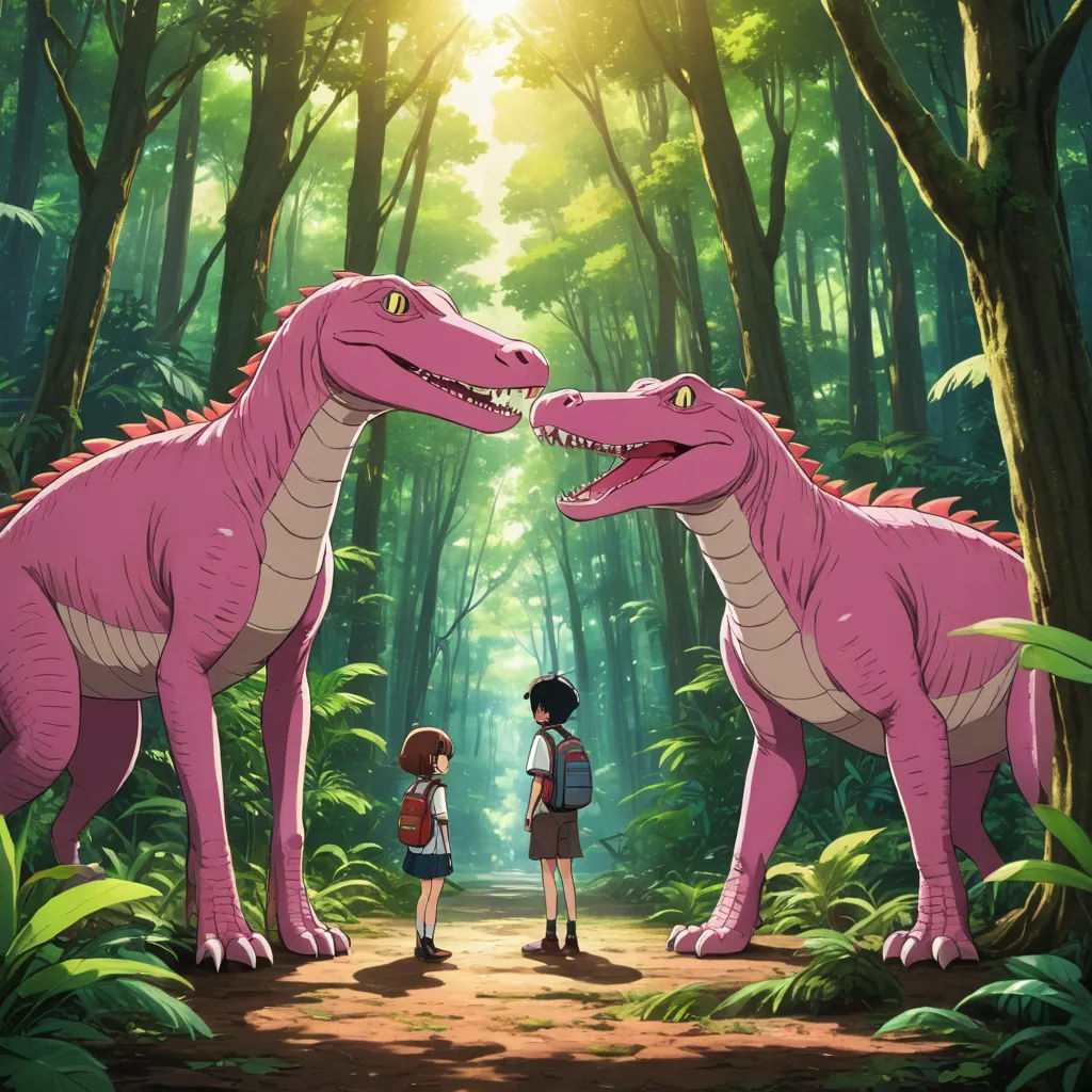 a couple of dinosaurs standing next to each other in a forest with a girl standing next to them and a man standing next to them, neo-primitivism, concept art, Abidin Dino, official art