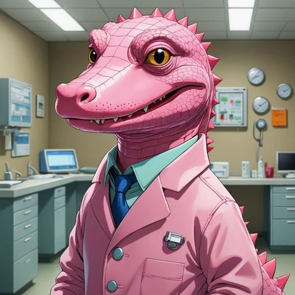 a pink dinosaur in a pink suit and tie in a room with a computer desk and a clock on the wall, remodernism, a character portrait, Dr. Atl, character portrait