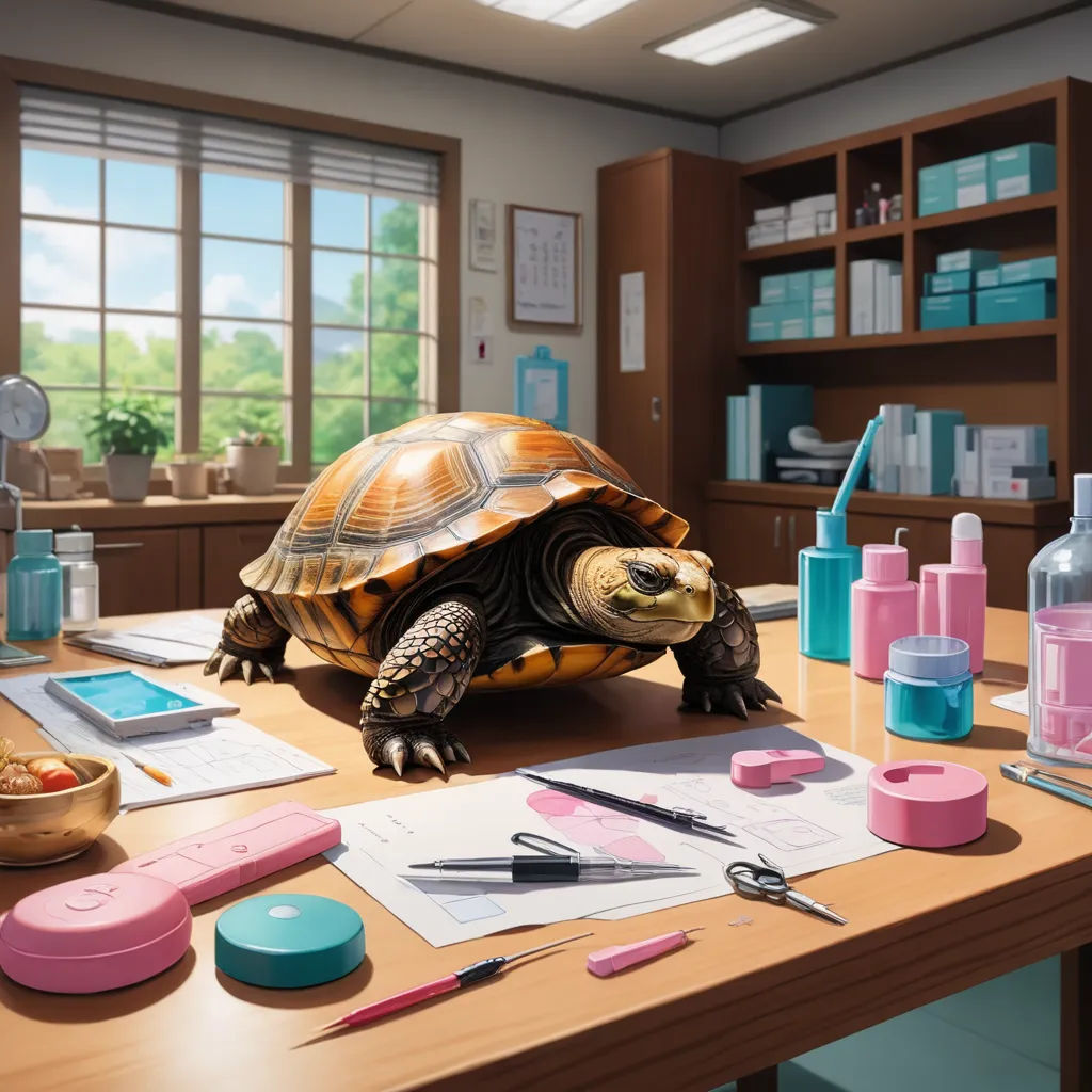 a turtle sitting on top of a wooden desk next to a window and a desk with a lot of office supplies, photorealism, a hyperrealistic painting, Chris LaBrooy, highly detailed digital painting