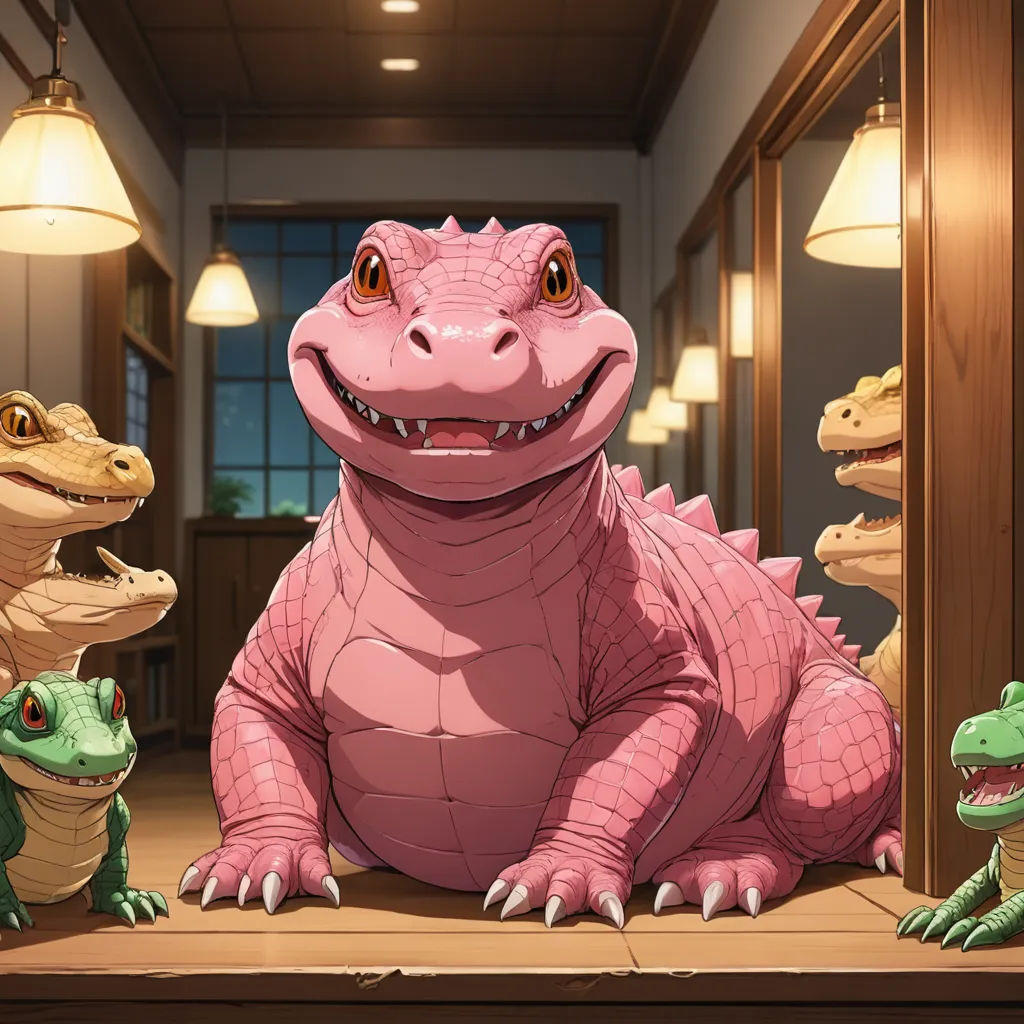 a group of alligators sitting in a room with a mirror and lights on the wall behind them,, furry art, a storybook illustration, Chris LaBrooy, official art