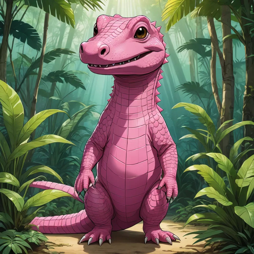 a pink dinosaur standing in a jungle with trees and plants around it's edges and a sunbeam, lyco art, a character portrait, Chris LaBrooy, official art
