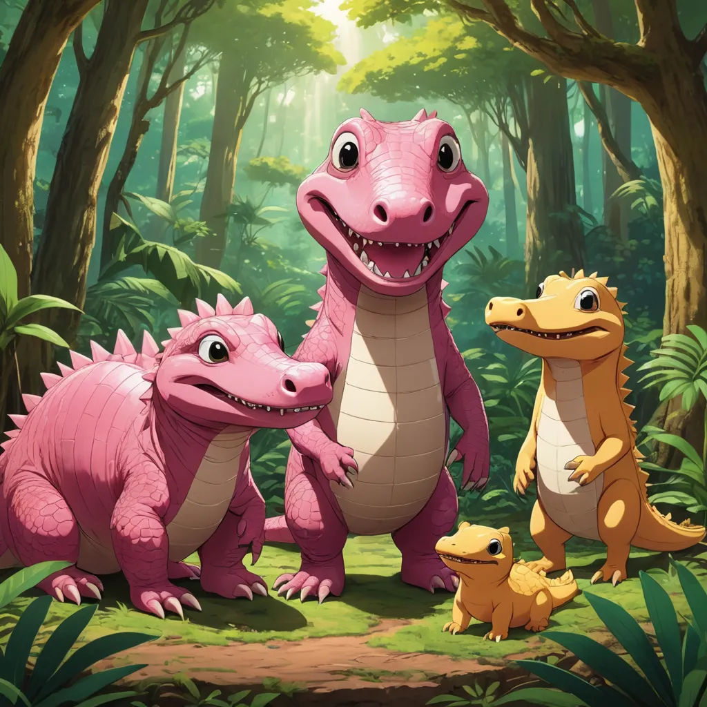a group of dinosaurs in a forest with trees and bushes in the background, with a baby dinosaur standing between them, lyco art, concept art, Chris LaBrooy, official art