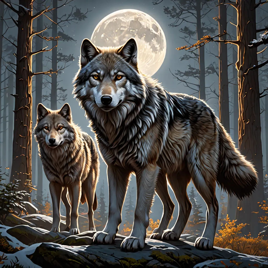 two wolfs standing on a rock in the woods with a full moon in the background and trees in the foreground, furry art, poster art, Dan Mumford, highly detailed digital painting