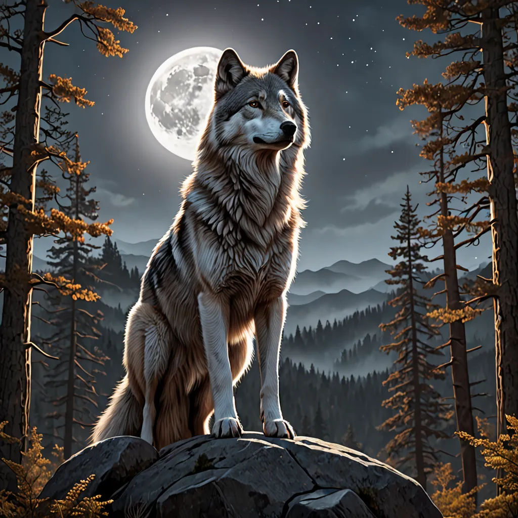 a wolf sitting on a rock in the woods at night with a full moon in the background and trees, furry art, a digital painting, Anne Stokes, highly detailed digital painting