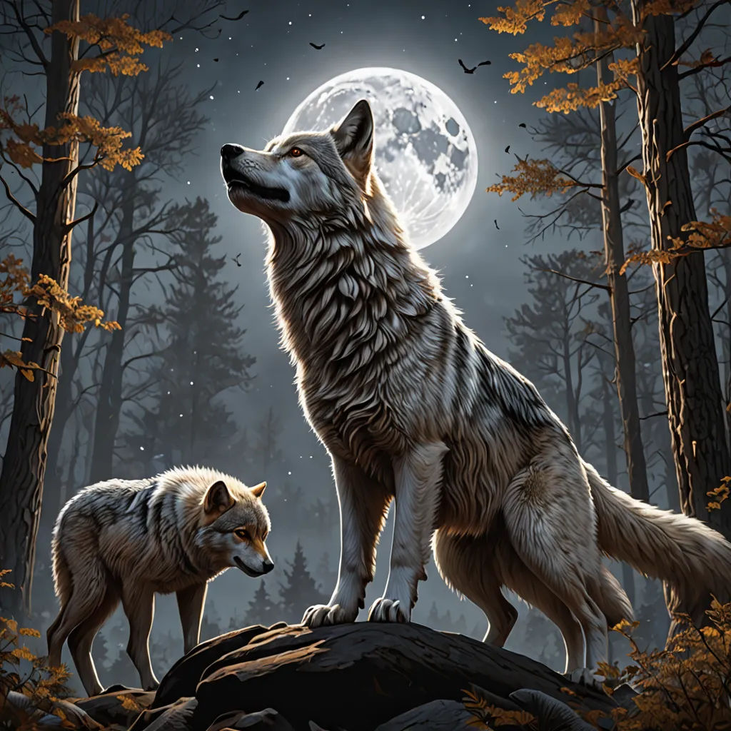 two wolfs standing on a rock in the woods at night with the moon in the background and trees, furry art, a digital painting, Anne Stokes, highly detailed digital painting