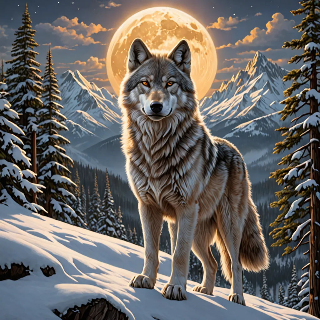 a wolf standing on a snowy hill with a full moon in the background and trees in the foreground, furry art, an airbrush painting, Dan Mumford, highly detailed digital painting