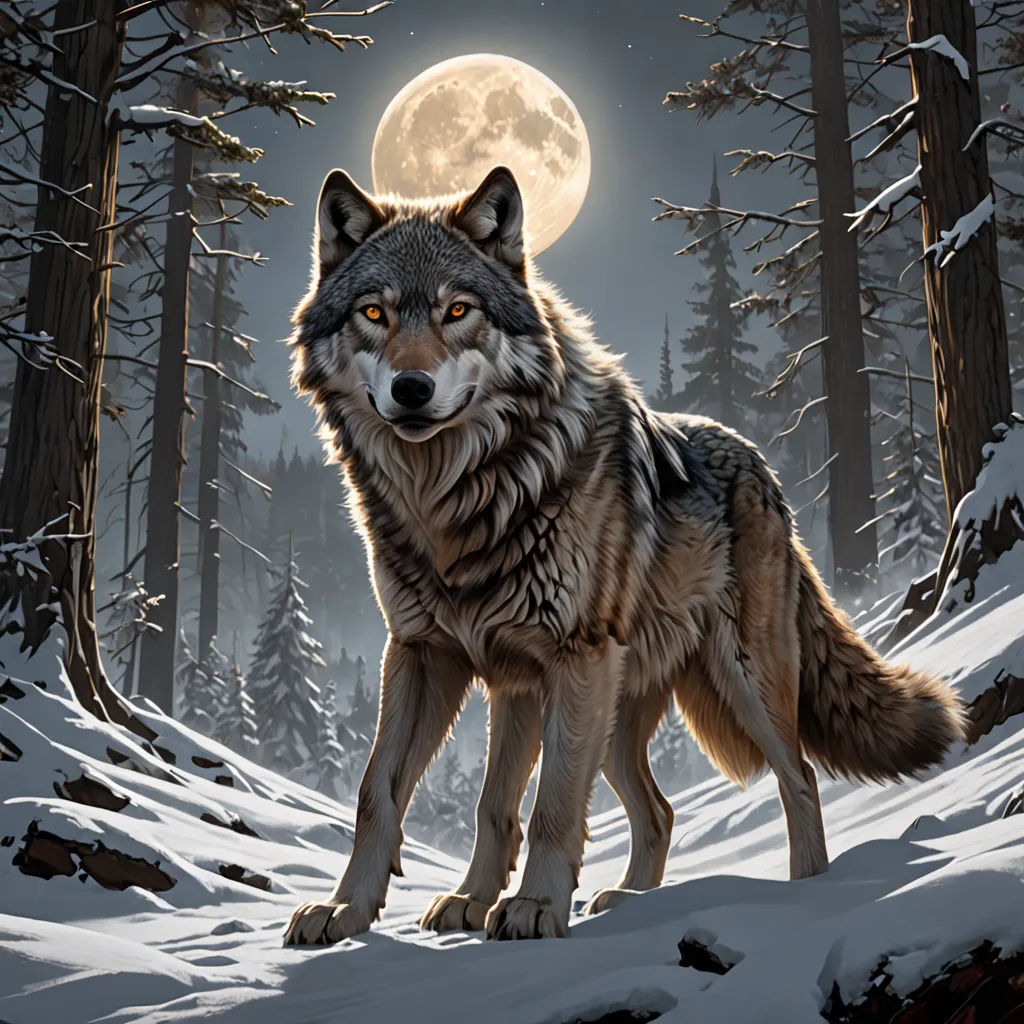 a wolf standing in the snow with a full moon in the background and trees in the foreground,, furry art, a digital painting, Dan Mumford, highly detailed digital painting