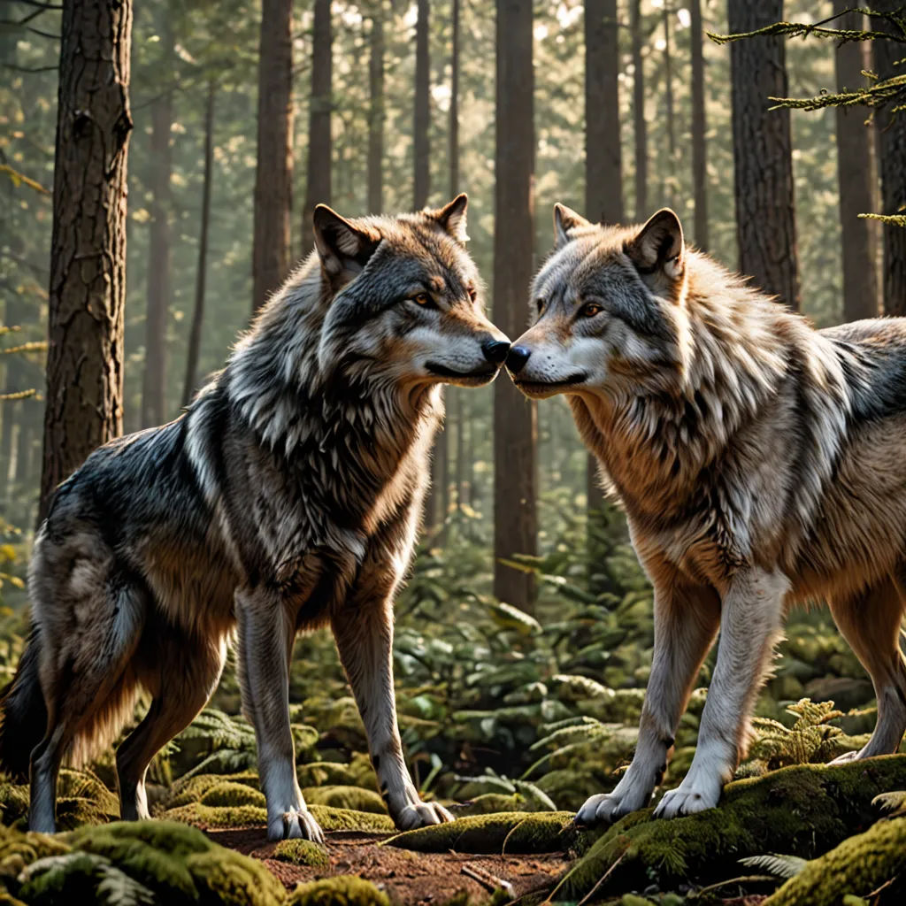 two wolfs are standing in the woods and touching noses with each other's noses, with moss growing on the ground, naturalism, a colorized photo, Caspar Wolf, wildlife photography