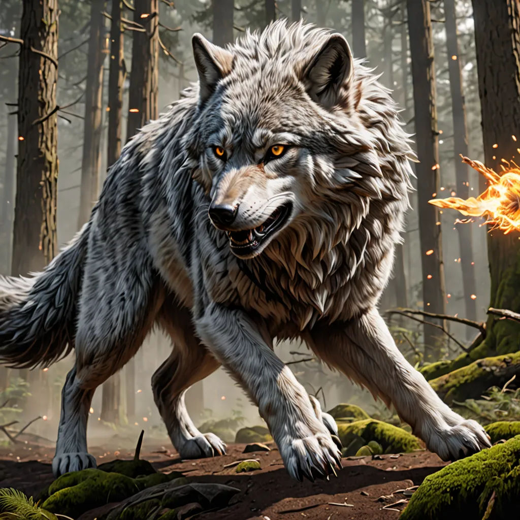 a wolf with a fire in its mouth running through a forest with trees and moss on the ground and a fire in its mouth, furry art, concept art, Cedric Seaut (Keos Masons), unreal engine render
