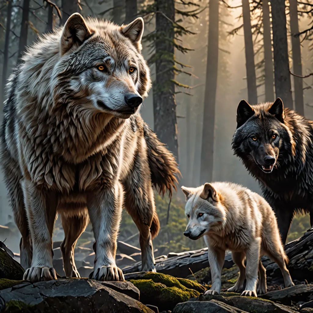 three wolfs standing on a rock in a forest with trees and rocks in the background and sunlight shining through the trees, furry art, concept art, Caspar Wolf, wildlife photography