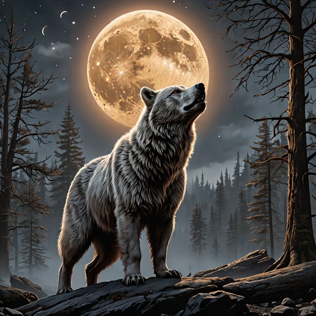 a painting of a wolf standing on a rock in front of a full moon and trees with a full moon in the background, fantasy art, a digital painting, Dan Mumford, highly detailed digital painting
