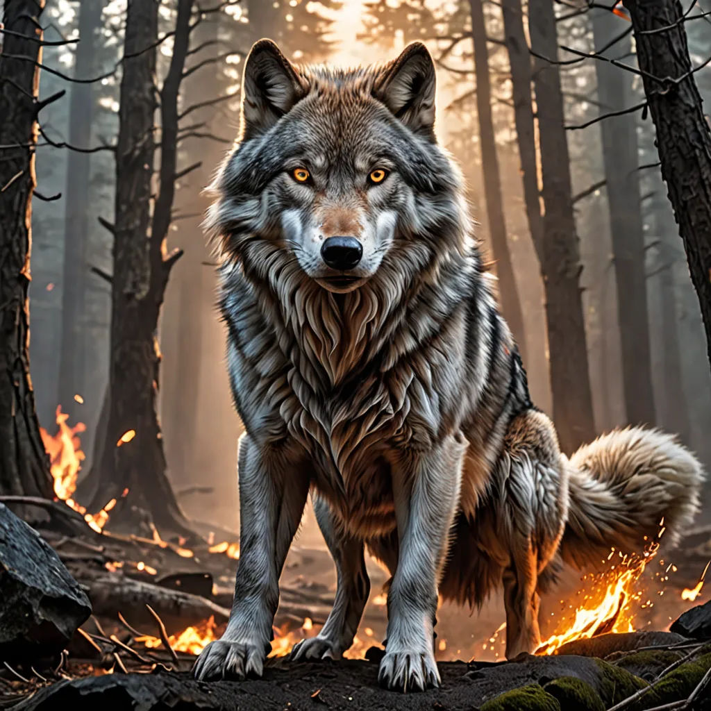 a wolf standing in the middle of a forest with a fire in the background and a forest fire burning behind it, furry art, concept art, Caspar Wolf, animal photography