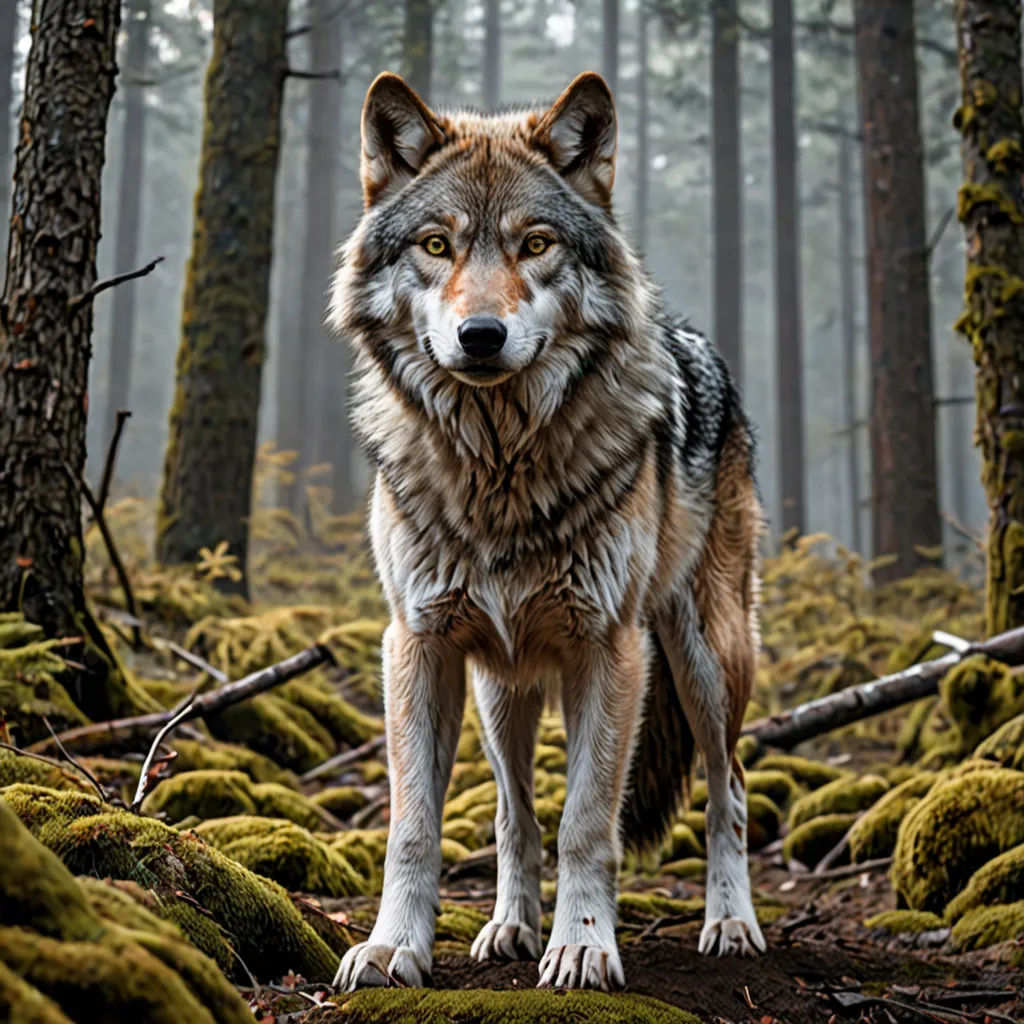 a wolf standing in the middle of a forest with moss on the ground and trees in the background,, naturalism, a character portrait, Caspar Wolf, animal photography