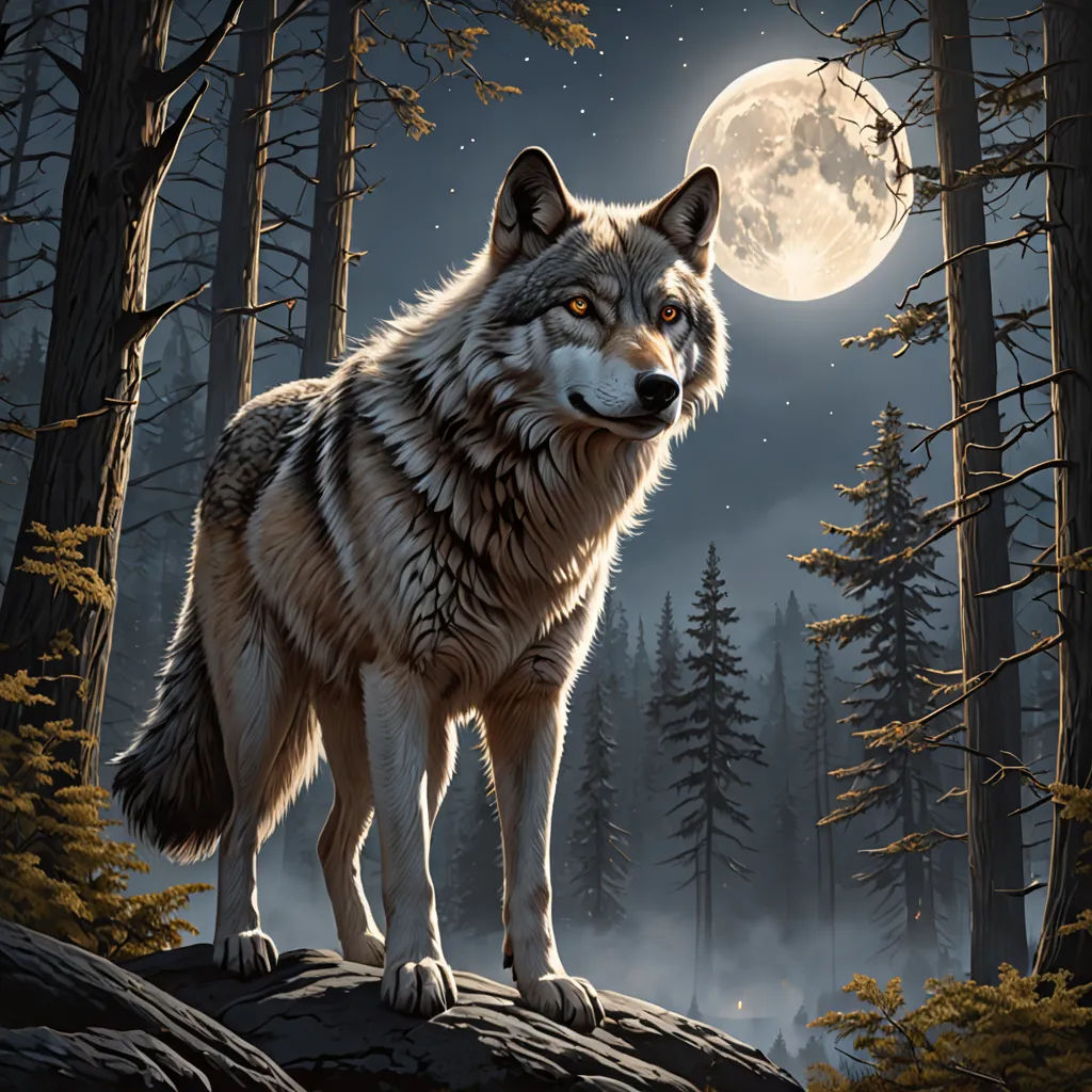 a wolf standing on a rock in the woods at night with a full moon in the background and trees, furry art, an airbrush painting, Dan Mumford, highly detailed digital painting