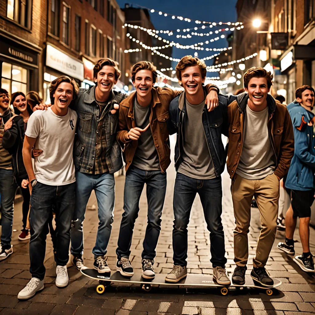 a group of young men standing on a skateboard in a city street at night time, with a string of lights strung above them, Ejler Bille, superflat, a stock photo, promotional image