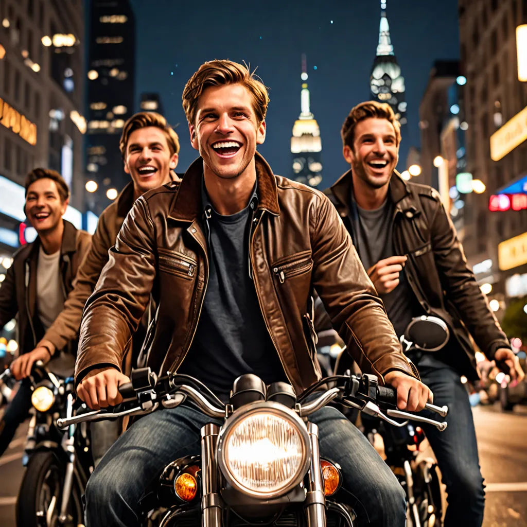 three men riding motorcycles in the city at night time, smiling and laughing, with a view of the empire building in the background, Art Brenner, kitsch movement, a stock photo, promotional image