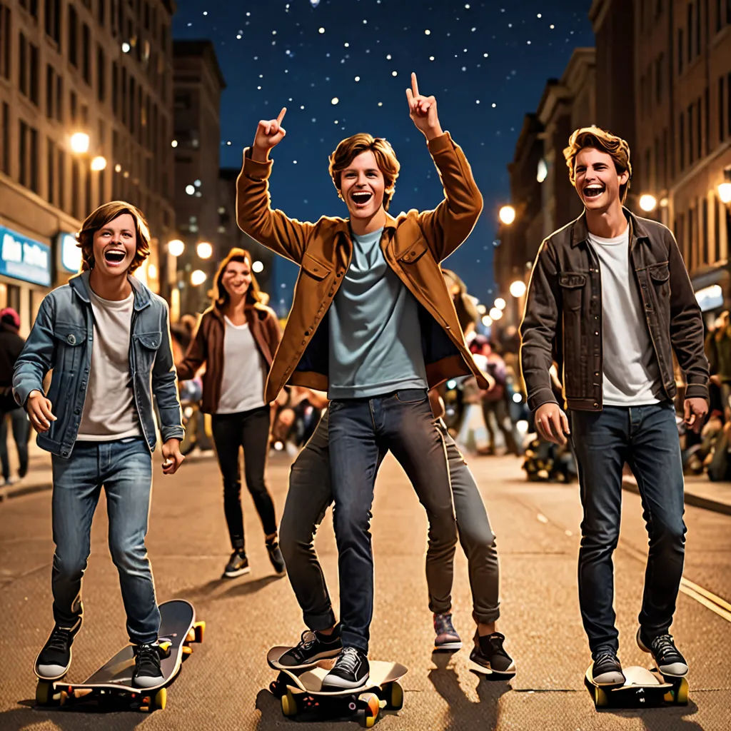 a group of young men riding skateboards down a street at night with stars in the sky above them, Chris LaBrooy, kitsch movement, a stock photo, promotional image