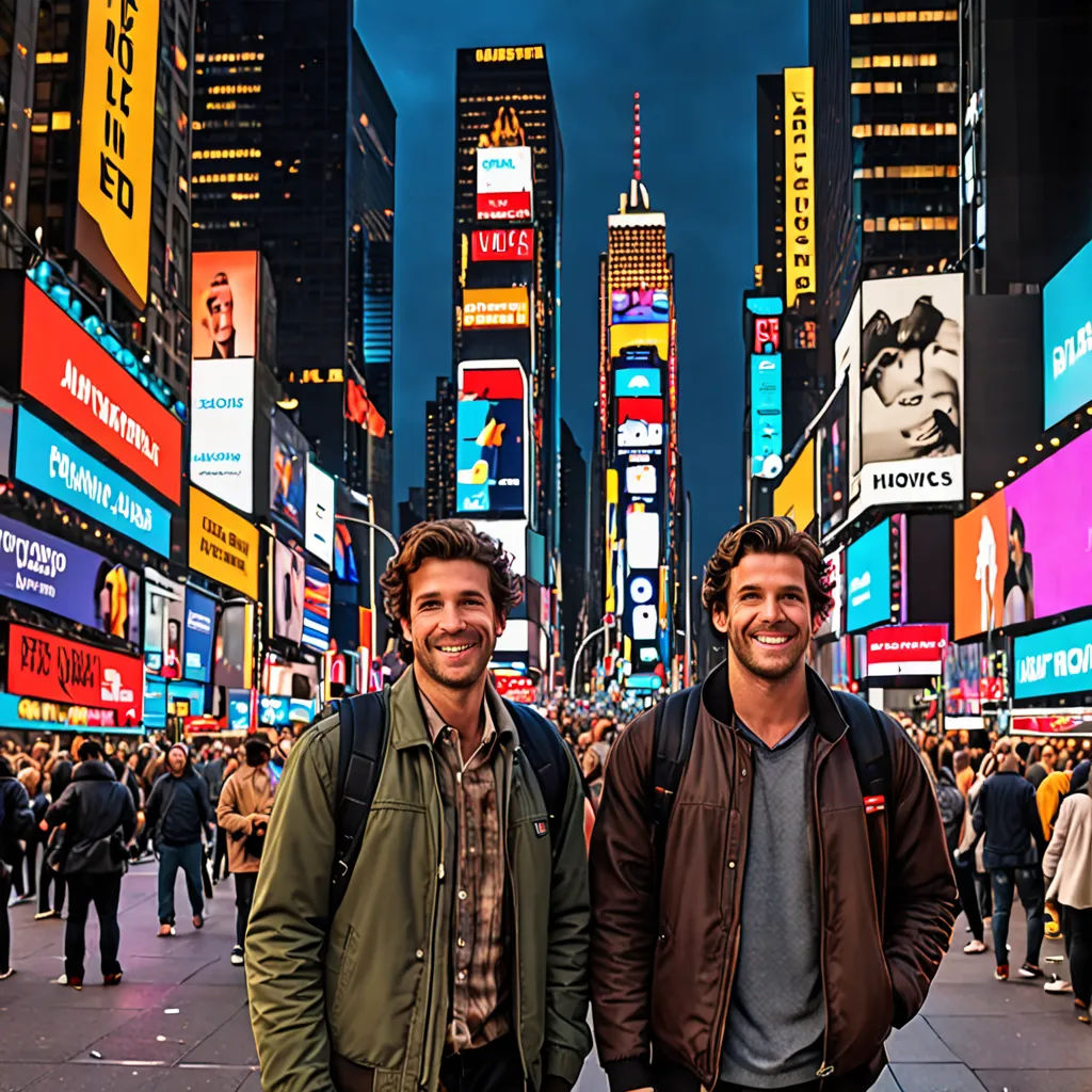 two men standing in a city street with a lot of people in the background at night time with neon signs, Andries Both, american scene painting, a stock photo, behance hd