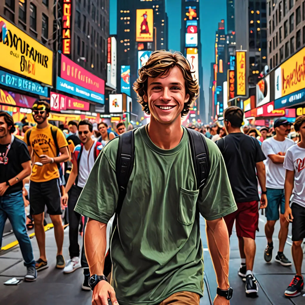 a man is walking down the street with a backpack on his back and a lot of people walking around, derek zabrocki, maximalism, a stock photo, city background