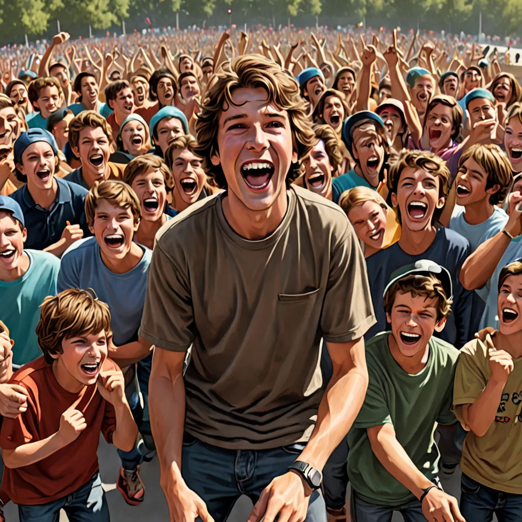 a man is surrounded by a large group of people and has his hands up in the air and his mouth open, Chris LaBrooy, photorealism, a hyperrealistic painting, photoreal