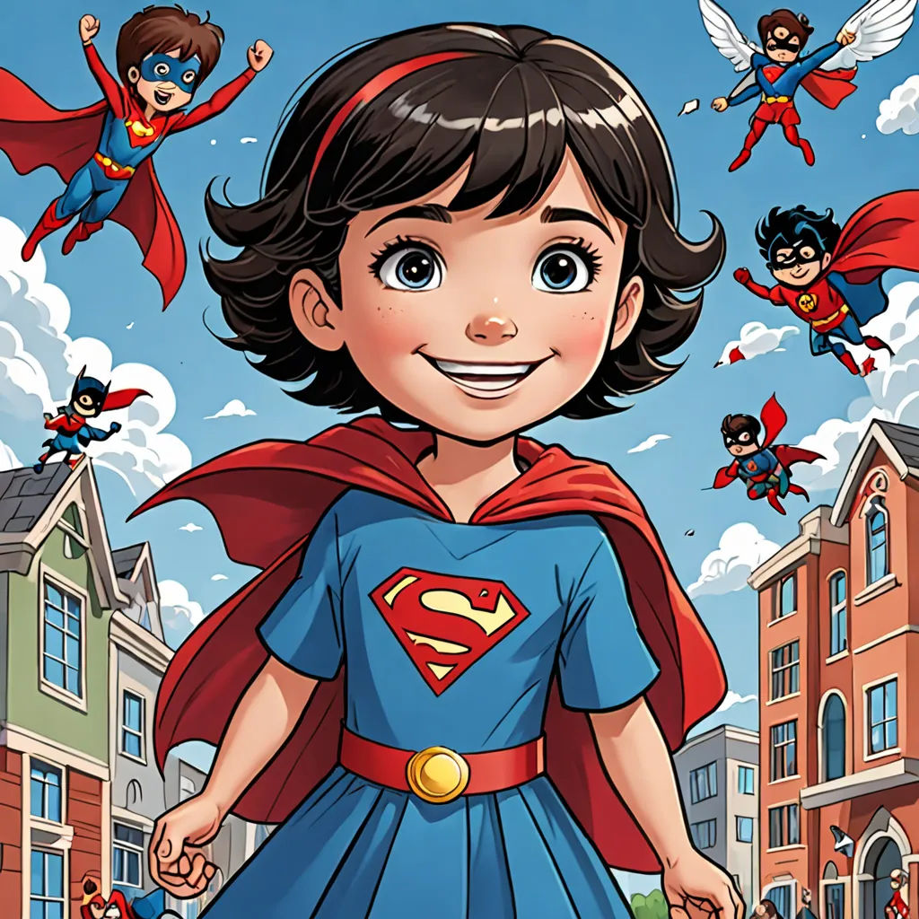 a cartoon of a girl in a blue dress with a red cape and a bunch of other cartoon characters, Carol Sutton, superflat, a comic book panel, comic cover art