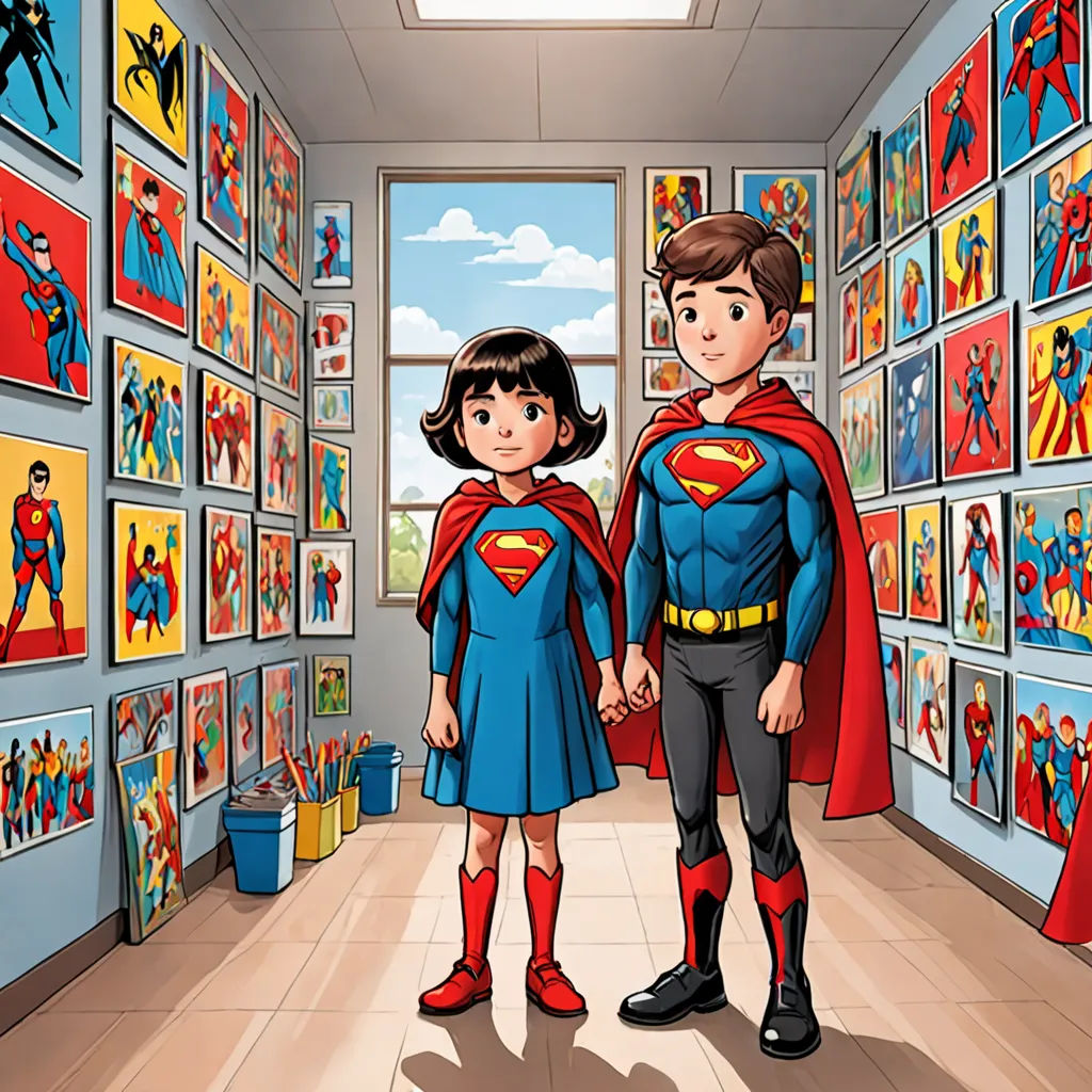 a boy and a girl are standing in a room with superman comics on the walls and a window behind them, Diego Gisbert Llorens, lyco art, a comic book panel, official art