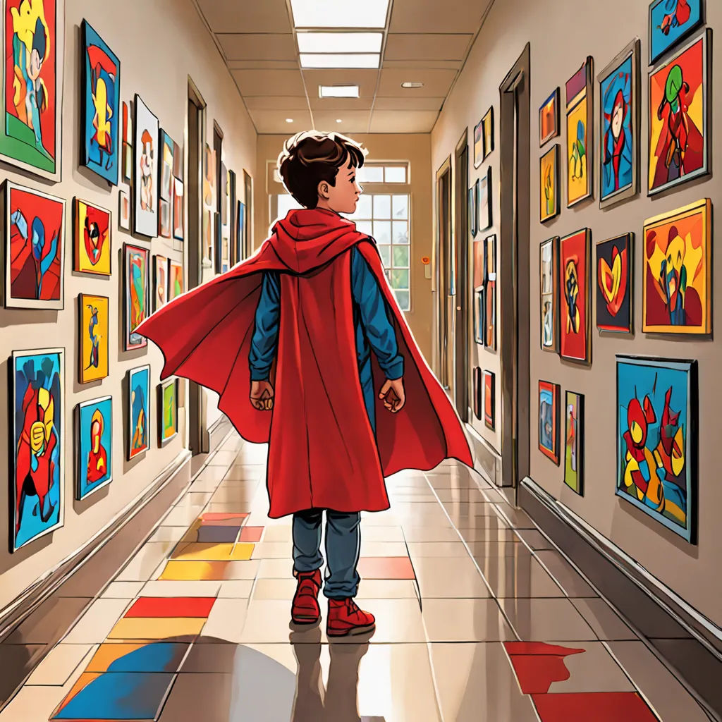 a boy in a red cape is walking down a hallway with a lot of paintings on the wall behind him, F Scott Hess, process art, a comic book panel, comic cover art