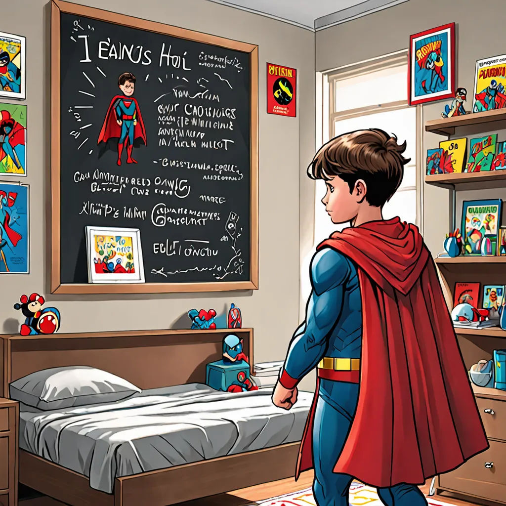 a boy in a superman costume is standing in a bedroom with a chalkboard on the wall and a bed, Diego Gisbert Llorens, temporary art, a comic book panel, comic cover art