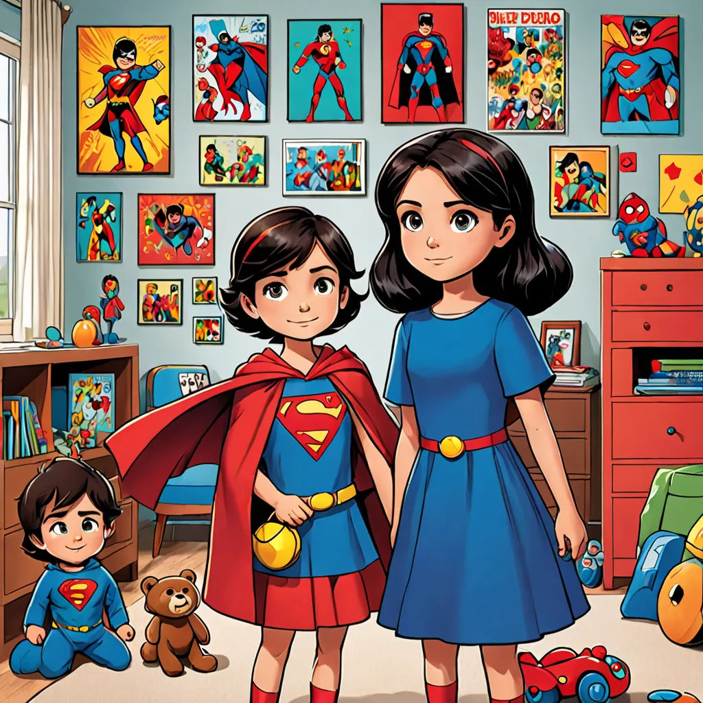 a couple of kids standing next to each other in a room with superman pictures on the wall and a teddy bear, Diego Gisbert Llorens, lyco art, a comic book panel, comic cover art