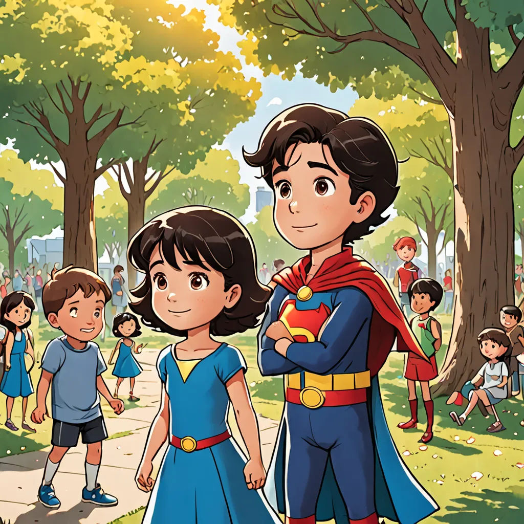 a cartoon of a boy and girl in a park with a superman costume on and a girl in a blue dress, Diego Gisbert Llorens, superflat, a comic book panel, official art