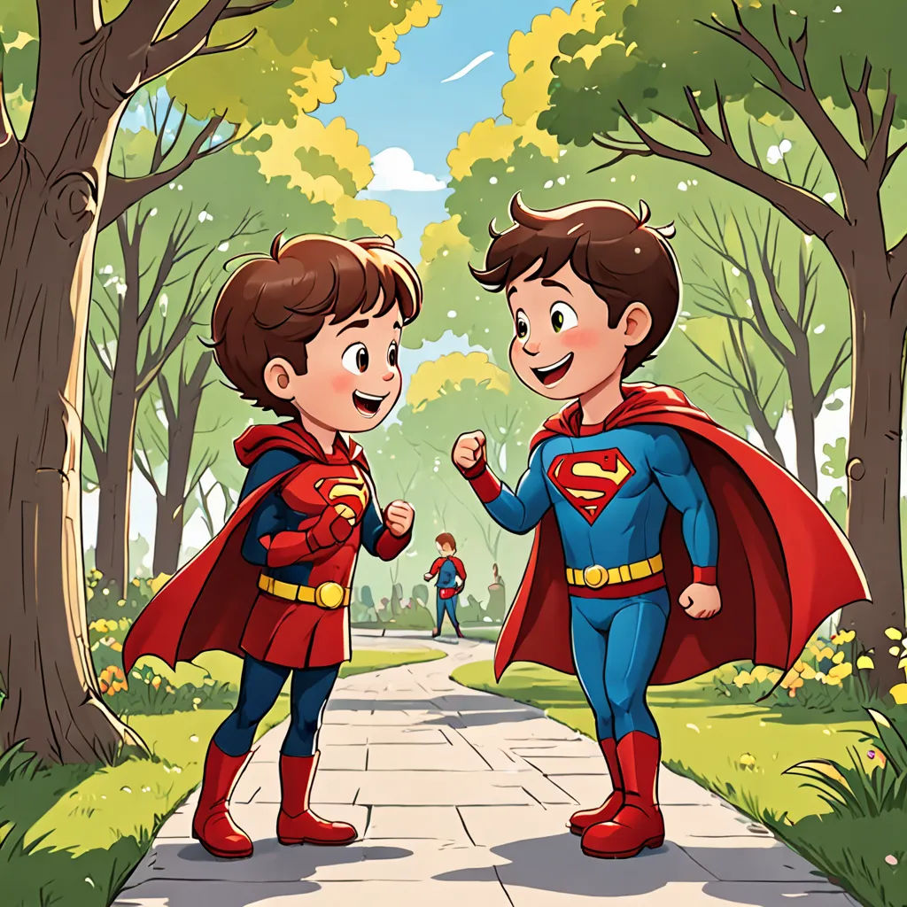 two boys dressed as superman and a girl dressed as superman in a park with trees and a man in a red cape, Diego Gisbert Llorens, superflat, a comic book panel, comic cover art